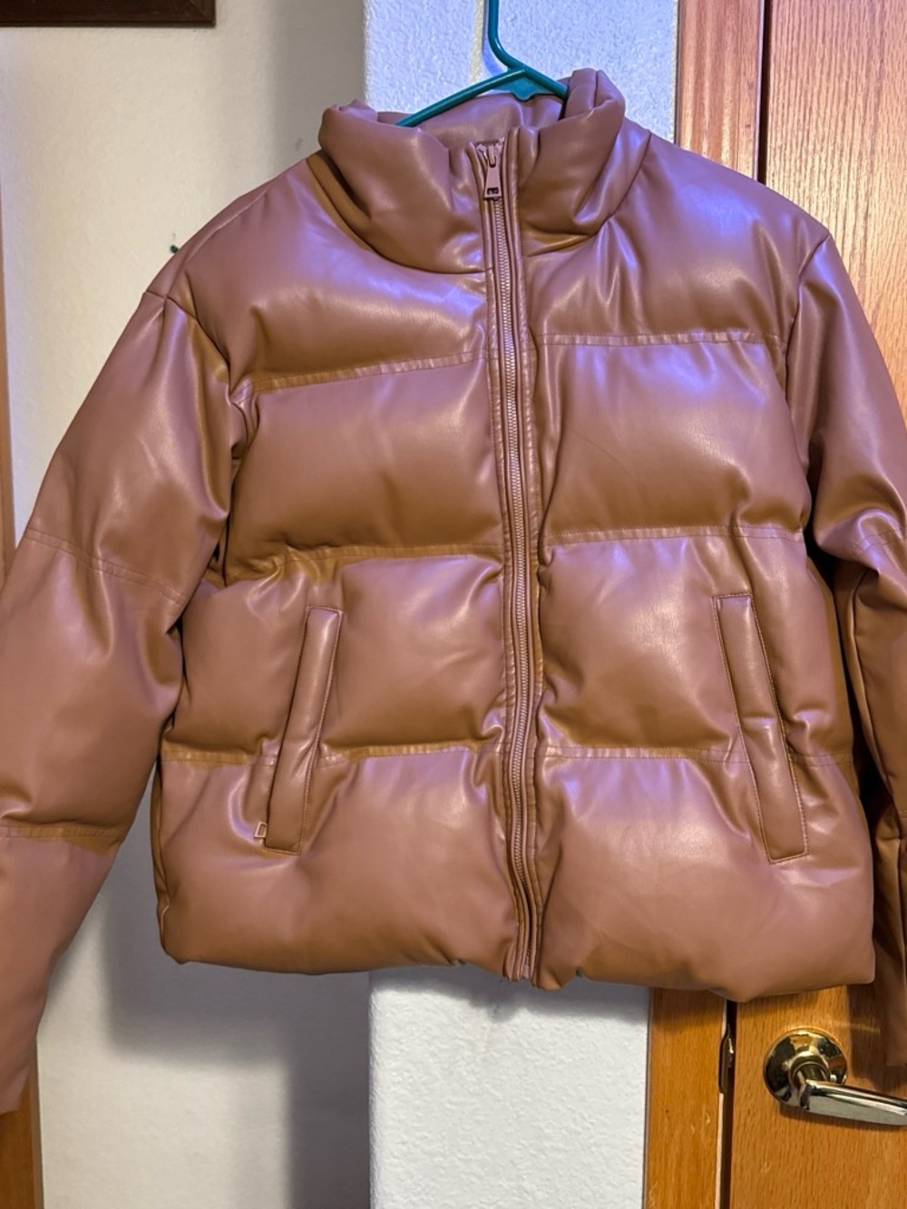 Wishlist Faux-Leather Puffer Jacket in Chestnut Brown